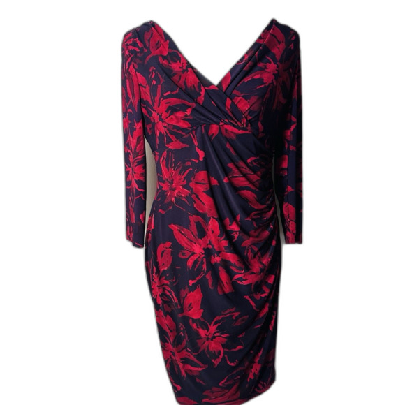 RALPH LAUREN Women's Faux Wrap Floral Sheath Dress Size 10 Red ]Stretch - Picture 5 of 14